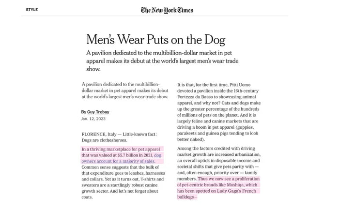 NEW YORK TIMES - Men’s Wear Puts on the Dog - Moshiqa & the Rise of Luxury Pet Fashion