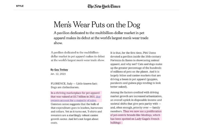 NEW YORK TIMES - Men’s Wear Puts on the Dog - Moshiqa & the Rise of Luxury Pet Fashion - Moshiqa Store